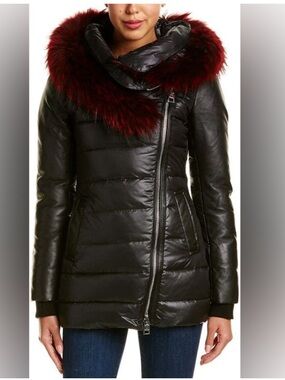 Nicole Benisti Black Duck Down Puffer Jacket with Burgundy Fur Trim size M